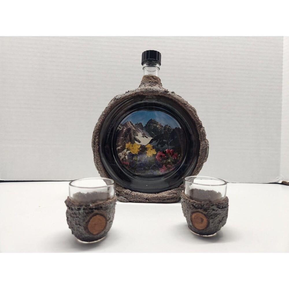 Vintage Alpine Mountain Bark Decanter Set with 2 Shot Glasses Made In Austria